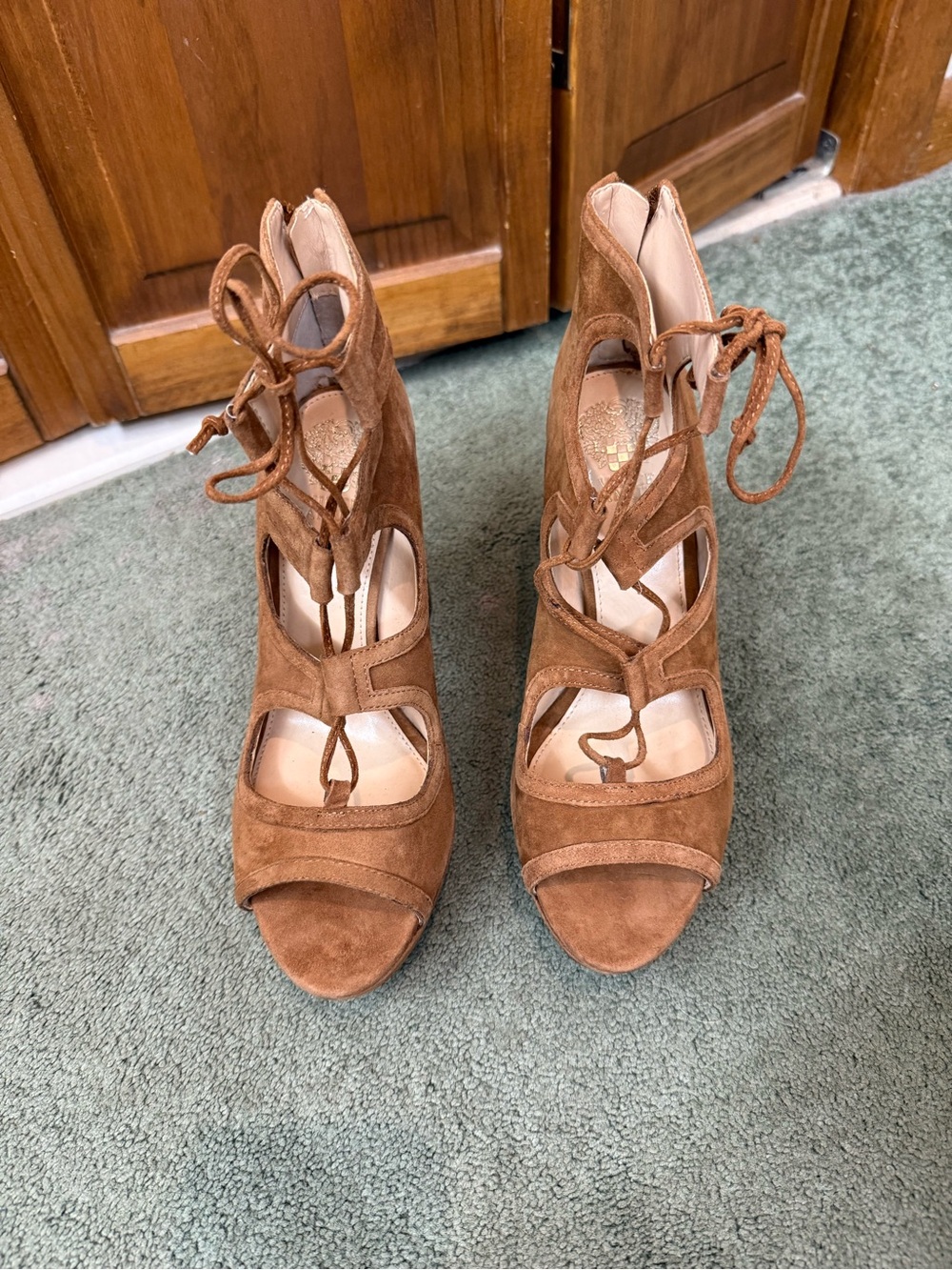 Vince Camuto Ladies Brown Leather Lace-Up Peep-Toe Heels, BRAND NEW